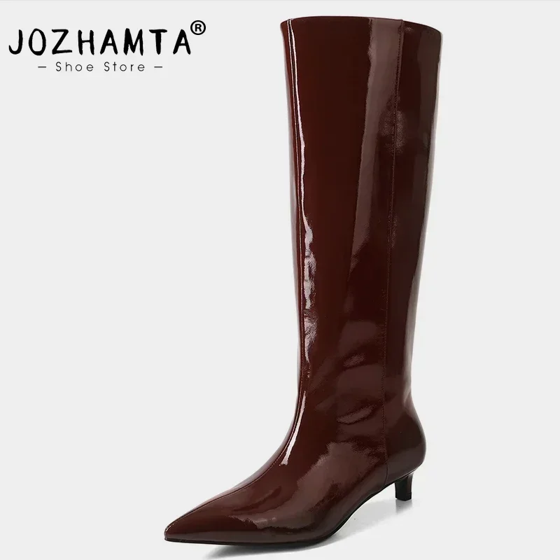 JOZHAMTA ขนาด 34-43 เข่ารองเท้าบูทสูงสําหรับสุภาพสตรีหนังเซ็กซี่ Pointy ลูกแมวส้นรองเท้าฤดูหนาว 2025 กว้างลูกวัวยาวรองเท้า