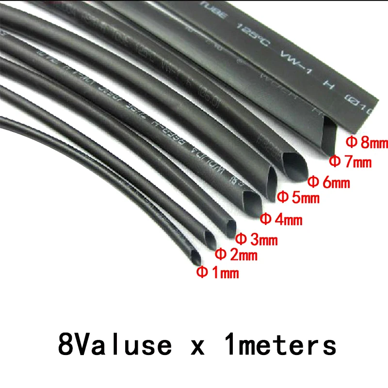 8 Meter/set Heat Shrink Tubing 1/2/3/4/5/6/8mm 2:1 Black Insulation Shrink Wrapping Heat Shrink for Cable DIY Connector Wire Kit