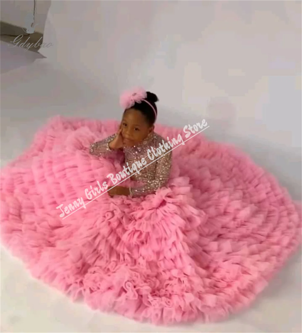 หรูหราชุดสาวดอกไม้คริสต์มาสสีชมพูสําหรับงานแต่งงาน Puffy เด็กวันเกิดพรหม Custom ชุดเจ้าหญิงสําหรับอย่างเป็นทางการเหตุการณ์
