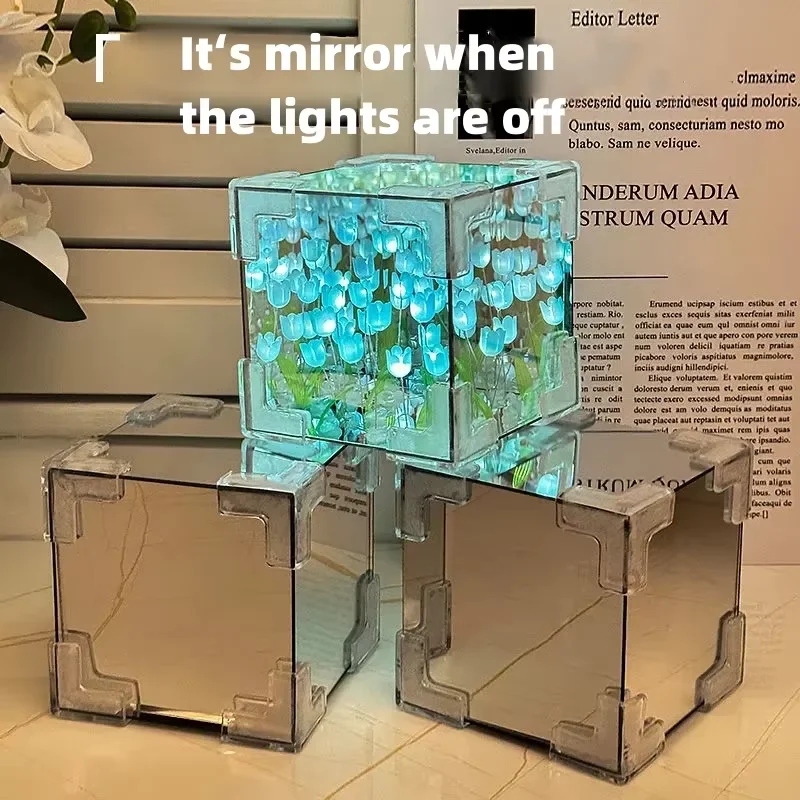 Creative DIY ดอกทิวลิปดอกไม้ Sea Cube สามมิติโคมไฟกลางคืนขนาดเล็กวัสดุสําหรับแฟนคู่แฟนของขวัญ