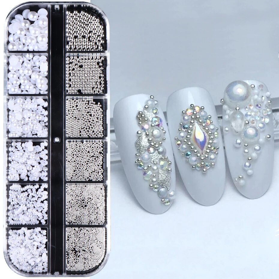 12 グリッドホワイトパールネイルチャームキャビアビーズ装飾ハーフパールネイルジュエリーパーツ DIY 装飾品マニキュアアクセサリー