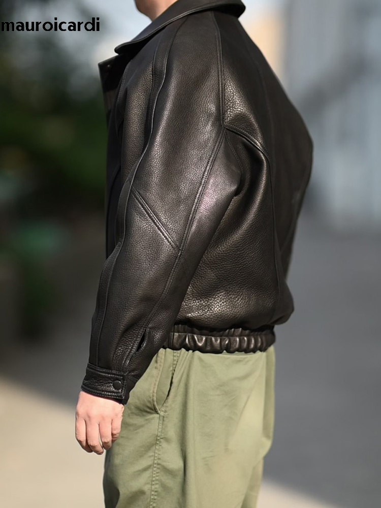 Mauroicardi 春秋クールハンサム黒ハード Pu レザージャケット男性ジッパー高級デザイナーアメリカンヴィンテージ服 2024