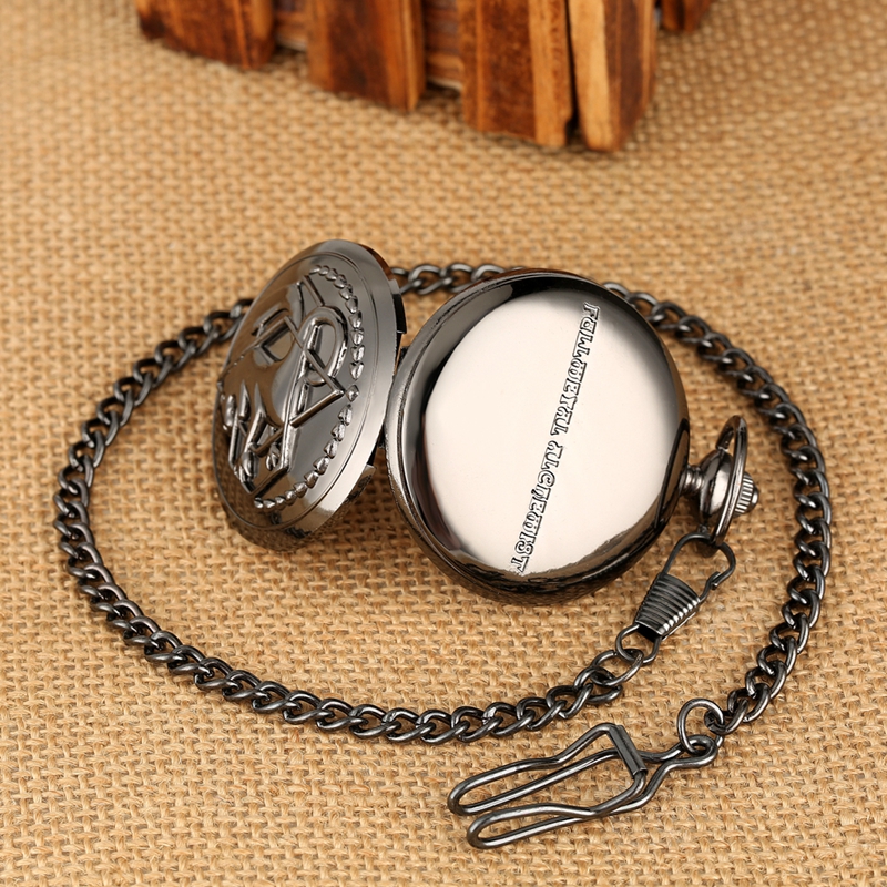 빈티지 블랙 풀 메탈 연금술사 석영 주머니 시계 Steampunk 인기 에드워드 엘릭 목걸이 체인 팬 코스프레 애니메이션 시계
