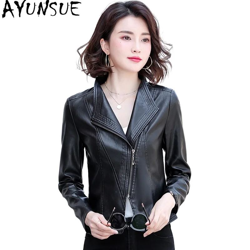 AYUNSUE, chaqueta de piel de oveja de cuero genuino, abrigo recortado para mujer, ropa de otoño para mujer, nuevo en abrigos, chaqueta ajustada de cuero 2024