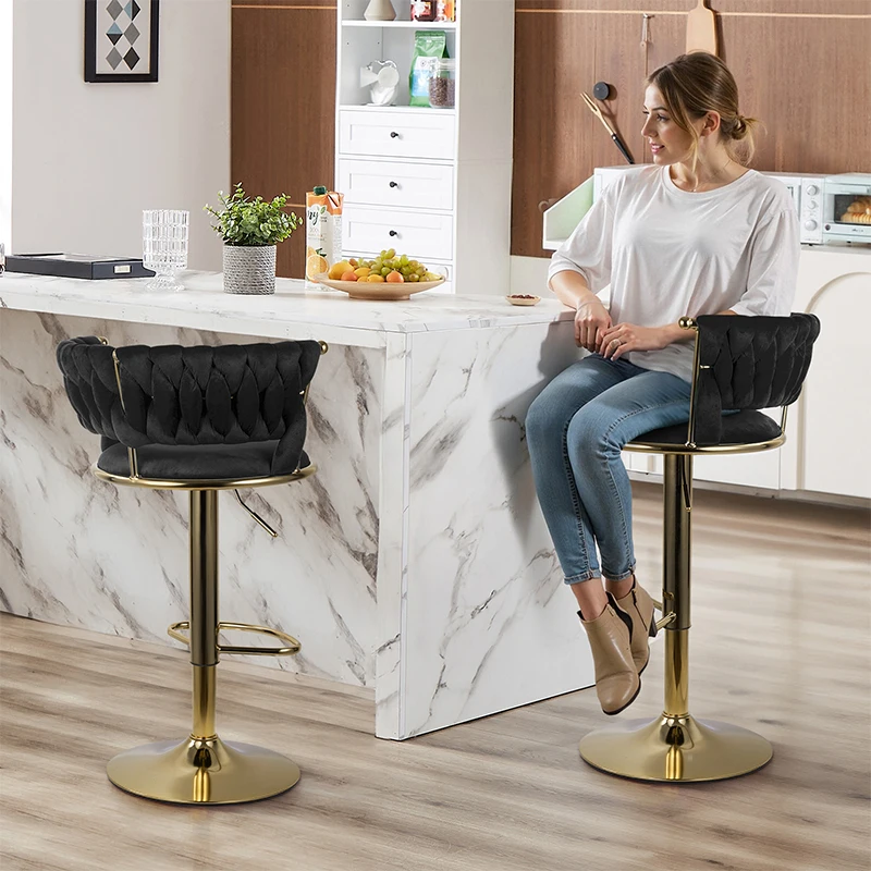 Bar Stools Set of 2, Adjustable Barstools Counter Height Stools with Back and Arm, Velvet Woven Kitchen Island Stools
