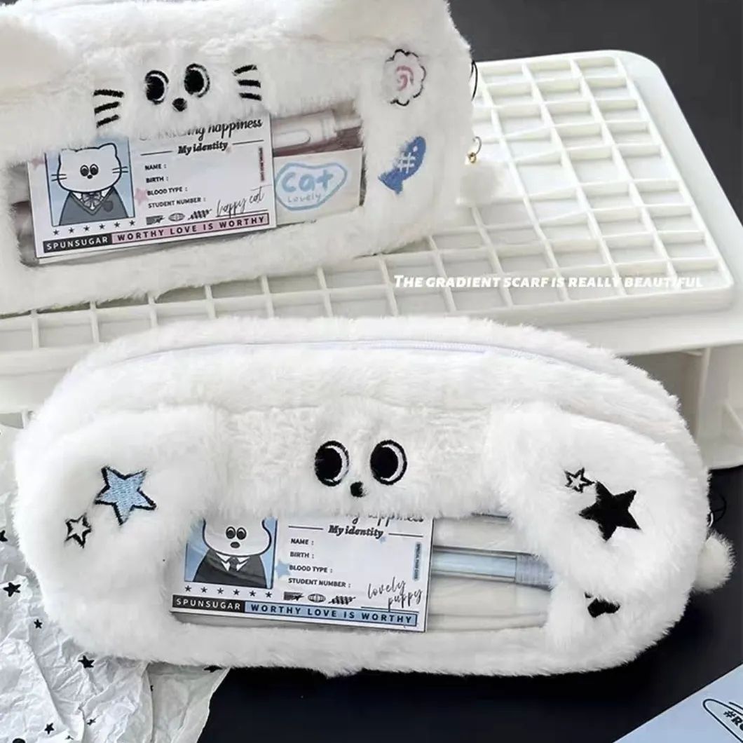 Estojo de caneta de grande capacidade, fofo, pelúcia, formato de gato, bolsa de lápis com janela visual, criativo, kawaii, bolsa de lápis para escritório, escola