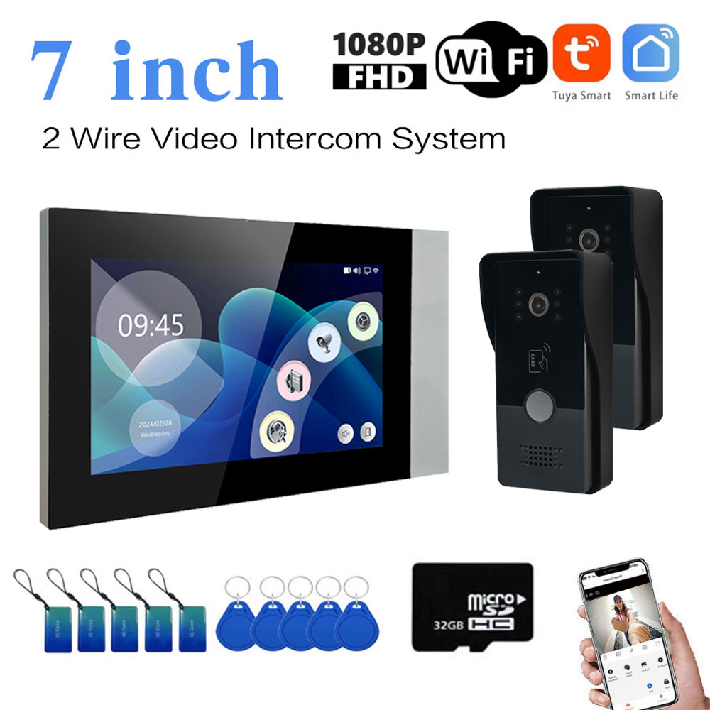 Two-Wire video Intercom System Tuya Wireless Wifi Video Intercom 1080P Video Doorphone 2PCS 7" Color Touch Screen Doorbell