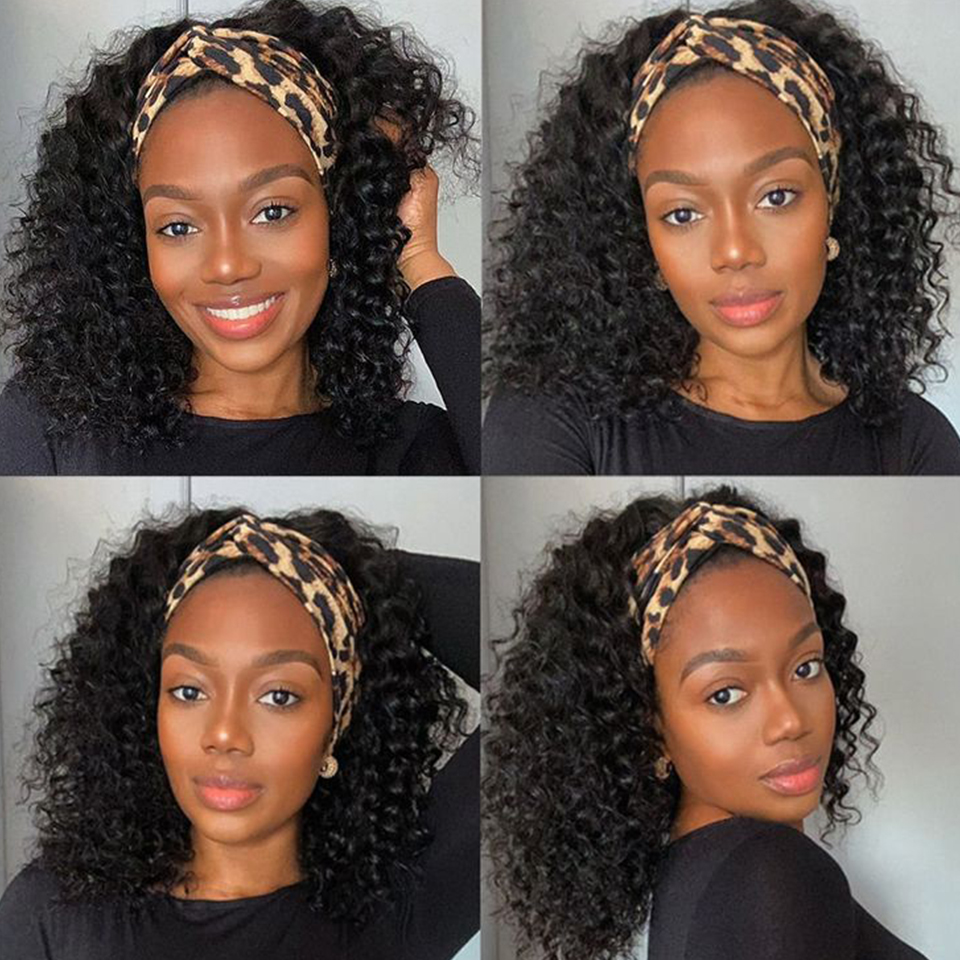 Perruque bandeau cheveux humains crépus bouclés pour femmes noires, densité 180%, sans colle, brésilien Remy Jerry Curl, entièrement faite à la Machine