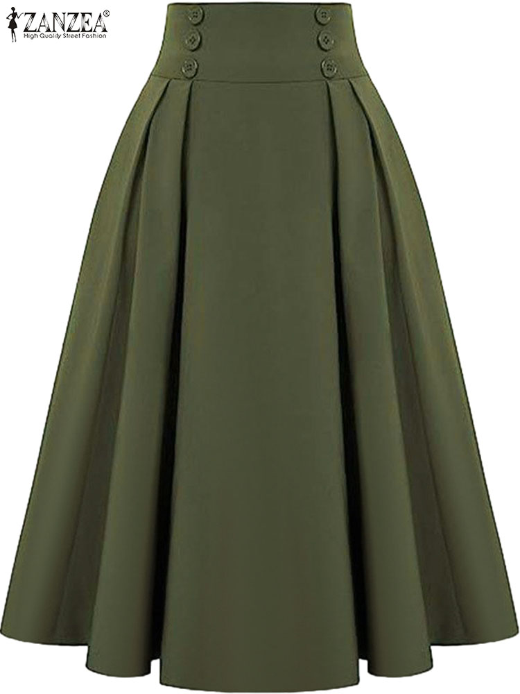 ZANZEA Frauen Feste Lange Röcke Vintage Hohe Taille Plissee Jupe 2024, Sommer Frühling A-linie Röcke Mode Tasten Maxi Faldas