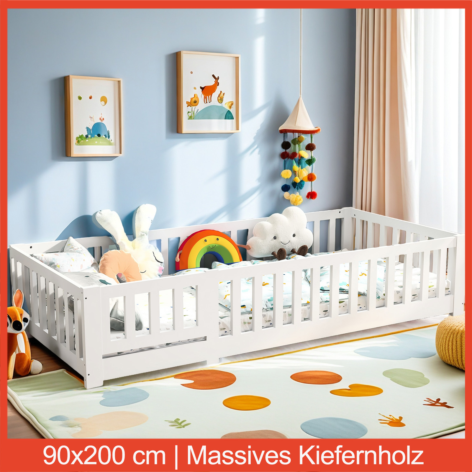 Lazyspace Lit enfant Lit de sol 90x200 cm avec protection contre les chutes, cadre de lit bébé, Bois de pin massif, avec clôture, sommier à lattes, blanc