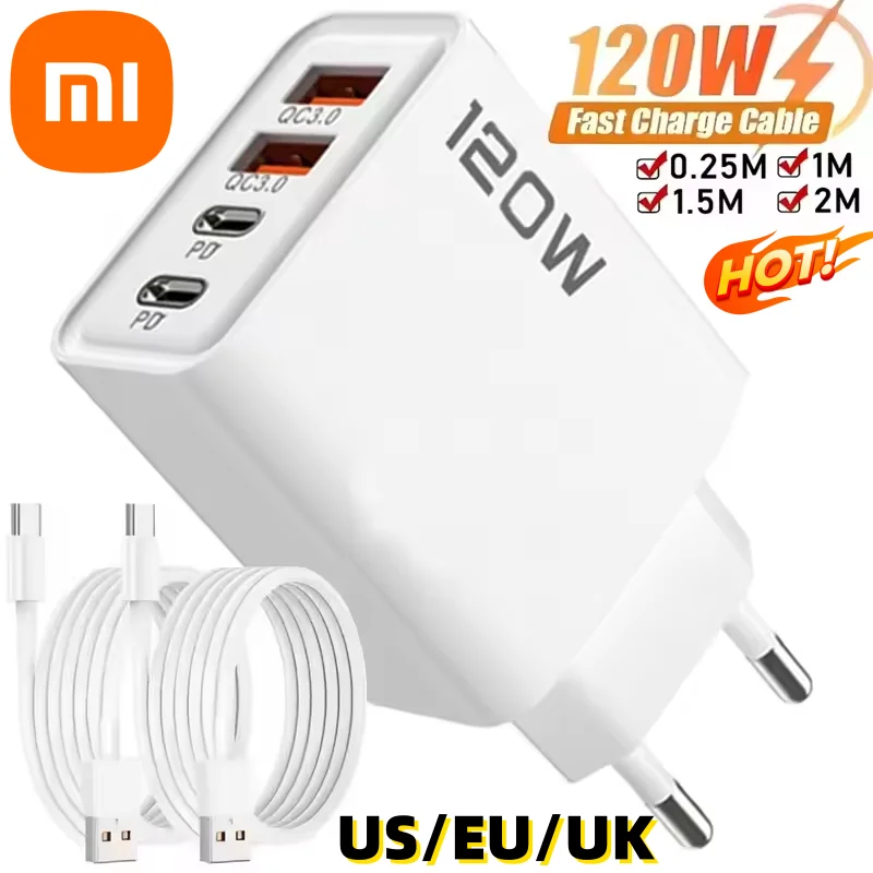 Xiaomi 120W 4 Port USB Type C Charger Fast Charging Data Cable USB Phone Charger Adapter For Samsung iPhone Huawei Wall Charger