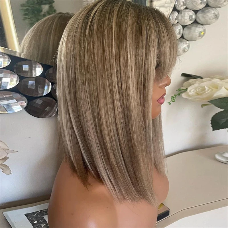 Nova moda curto bob perucas de renda com franja cabelo sintético como perucas realistas mulher com raízes naturais parte do laço peruca sem cola venda