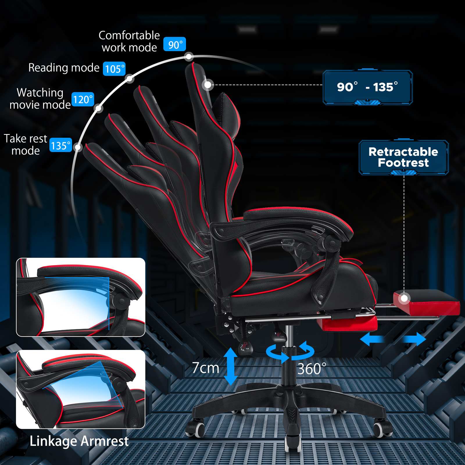 Chaise de jeu ergonomique avec massage et repose-pieds, support lombaire, dossier haut, chaise de jeu E-Sports
