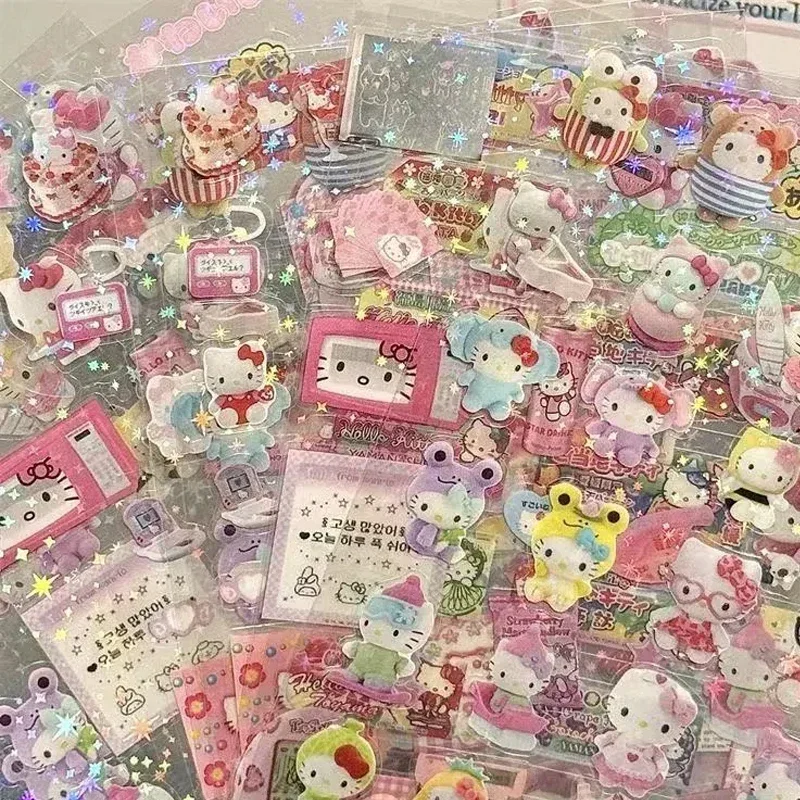 Sanrio Hello Kitty Anime Figure Adesivo cartone animato Gatto Fai da te Adesivi laser lampeggianti Manuale Materiale Adesivi Regalo per ragazza bambino