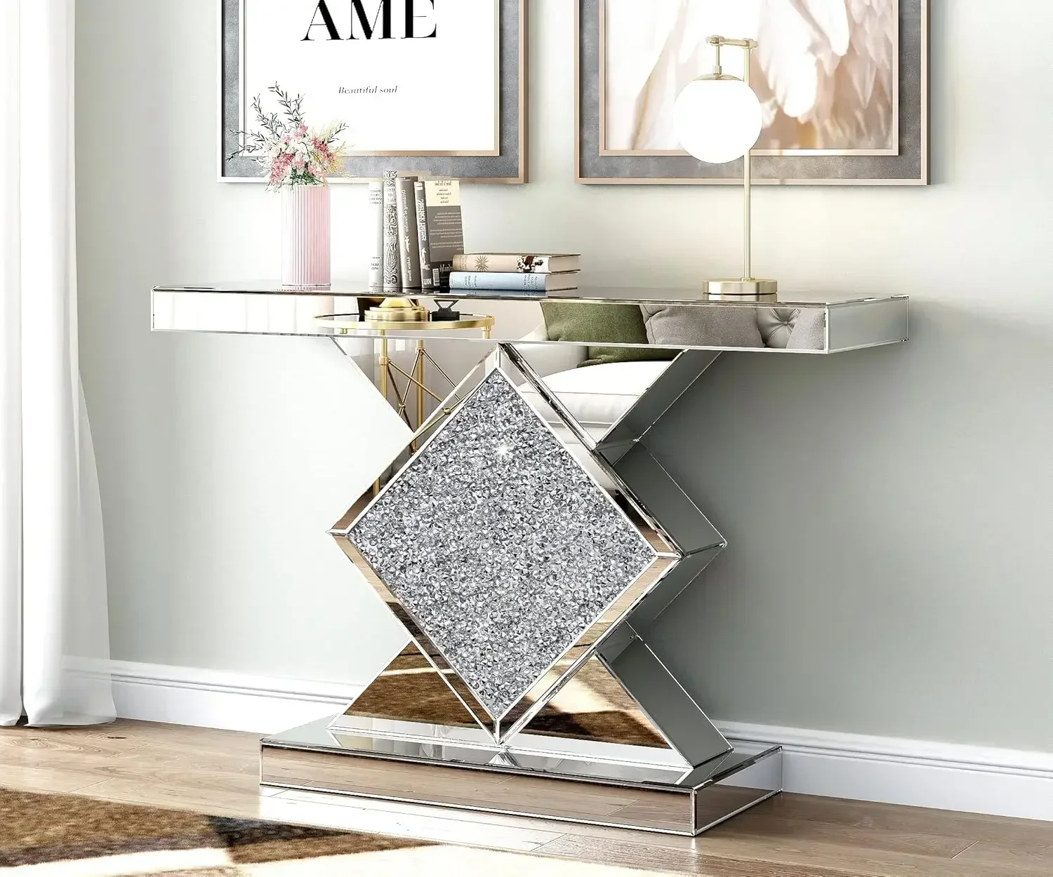 Entryway Table with Diamond Shaped Mirror Finished, Long Accent Narrow Table,Sofa Table Foyer Table for Hallway Entrance