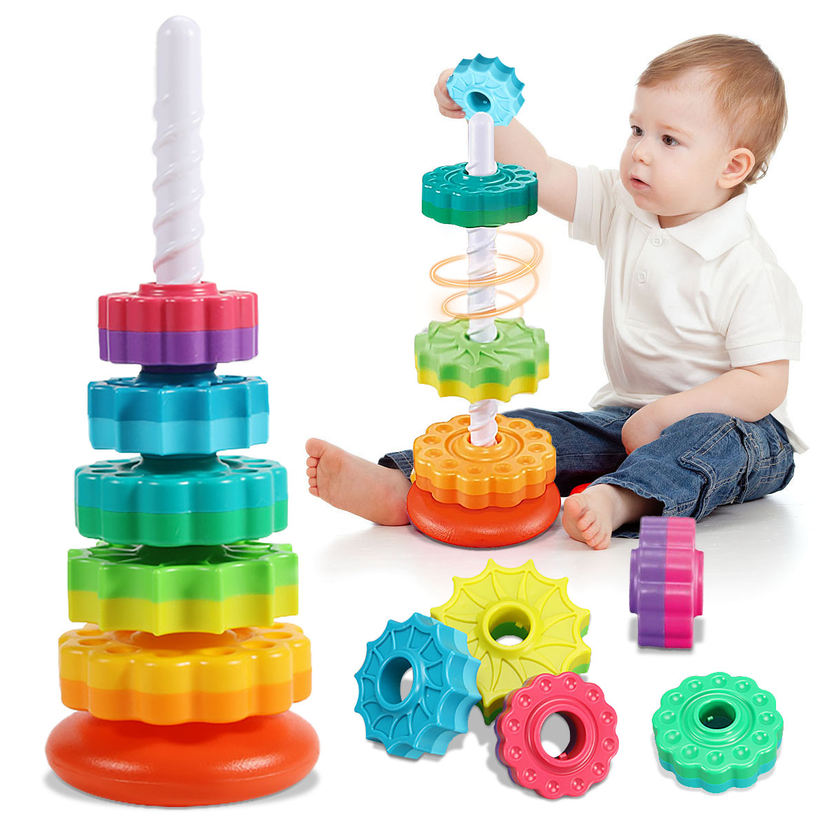 Montessori Rotierender Regenbogenturm Baby Stapelpuzzle Spielzeug Sicherheit und Umweltschutz Farbiges Kinderspielzeug