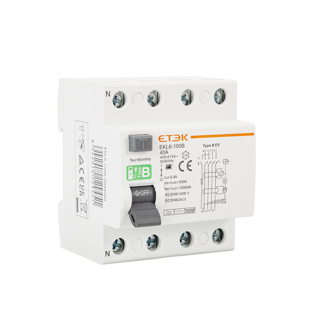 ETEK RCD RCCB tipo B disyuntor de corriente Residual de fuga a tierra Evse 2P 4P 40a 63a 100a 30ma 300mA EKL6-100B carril Din 220V
