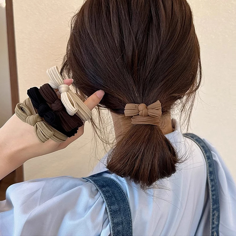 5 unids/set de coleteros con lazo, cuerda para el cabello para niños, Color sólido, sin daños, soporte elástico para cola de caballo, banda de goma, sombreros para niñas pequeñas