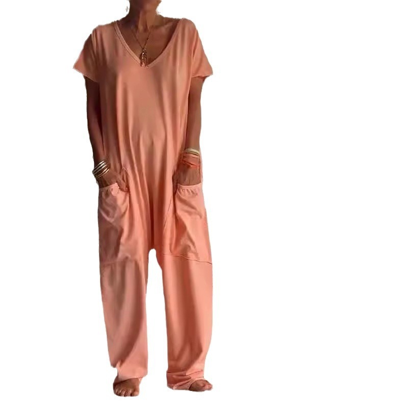 女性のためのルーズなジャンプスーツ、カジュアルなストリートウェア、半袖、Vネックポケット、ロングパンツ、女性の毎日のロンパース、ファッション、新しい