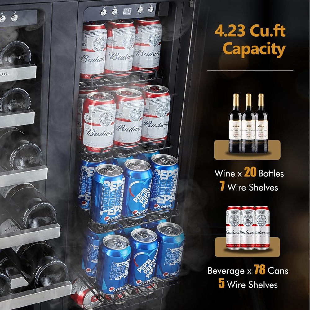 Wine and Beverage Refrigerator,24’’ Wine Cooler- 20 Bottles&78 Cans, Built-in/Freestanding Dual Zone Wine Fridge with Glass Door