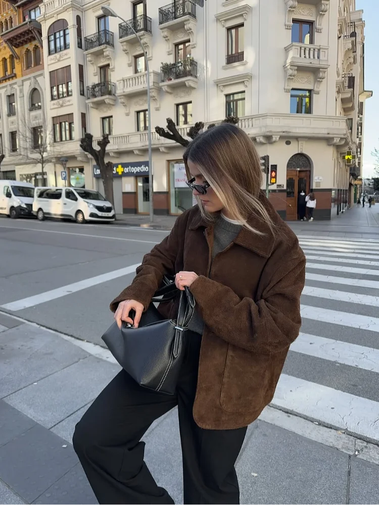 Vintage Brown Lapel Women's Jacket With Pocket Casual Loose Single Breasted Long Sleeve Coat Chic Lady High Street Commute Coats