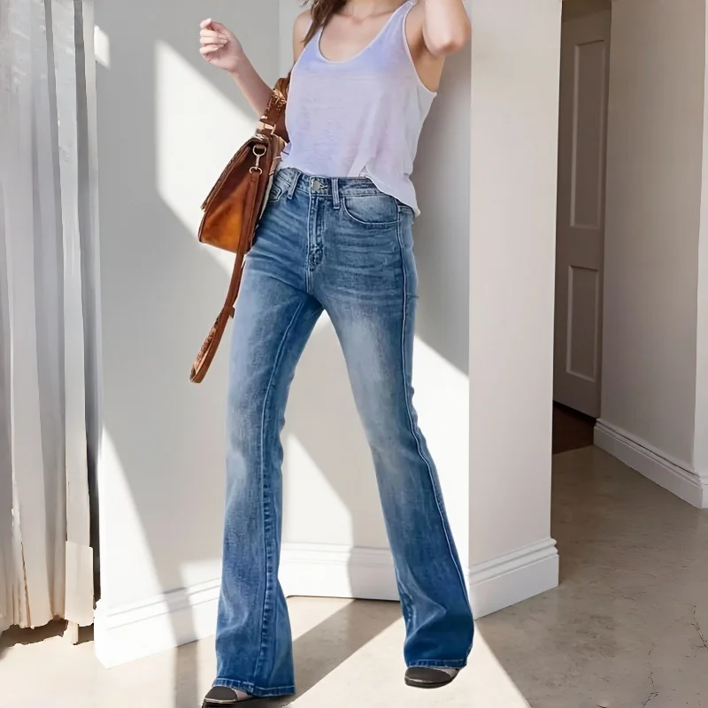 Pantalones acampanados para mujer, pantalones vaqueros ajustados de cintura alta con pierna recta, pantalones vaqueros a la moda con parte inferior acampanada para mujer