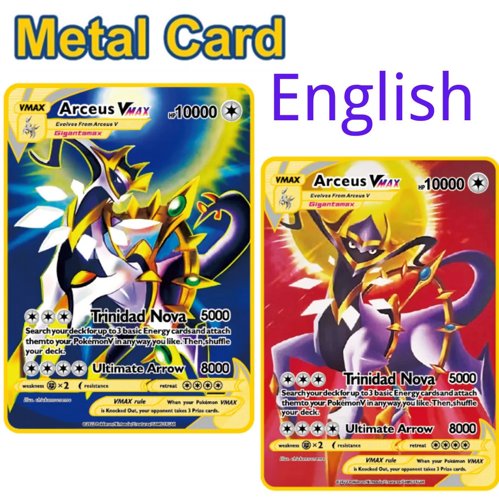 Tarjetas de Pokémon doradas Arceus Vmax DIY de 10000HP en inglés, letras de Pokmo de Metal de hierro, regalo para niños, tarjetas de juego de colección
