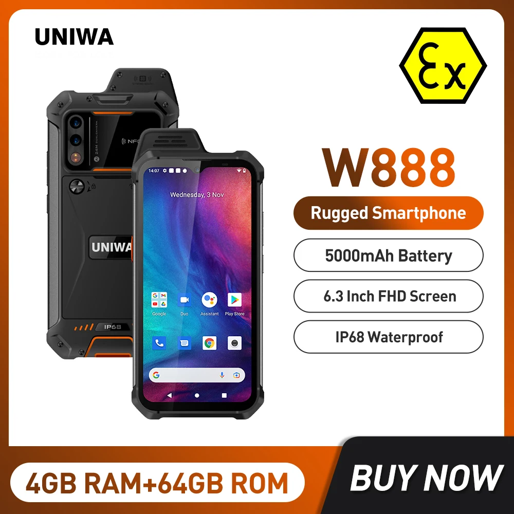 ATEX Chống Cháy Nổ IP68 Điện Thoại Thông Minh UNIWA W888 4GB 64GB Android 11 6.3 Inch NFC ĐTDĐ Máy Bộ Đàm 4G Di Động