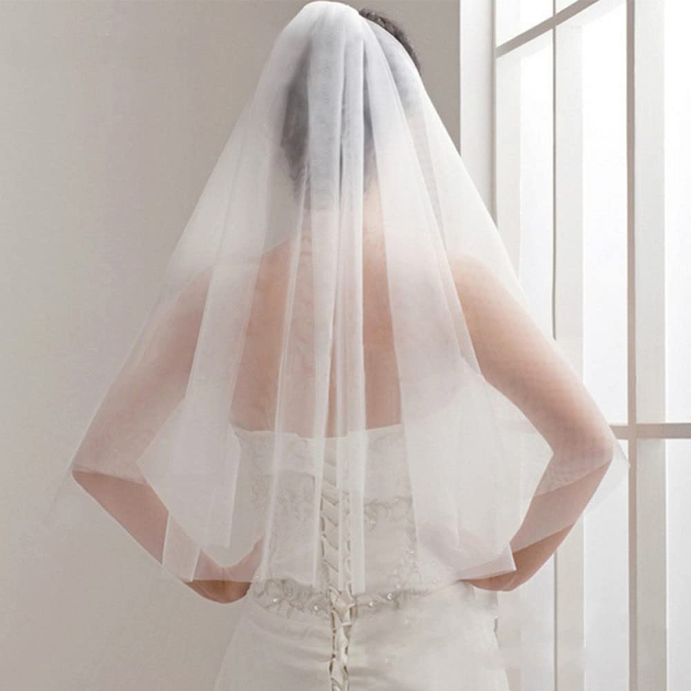 Véu de casamento curto barato com pente com borda cortada 2 camadas acessórios de casamento simples 2024