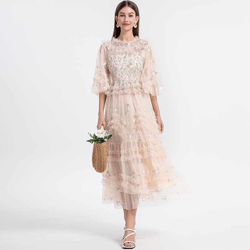 Runway Luxus Lange Kleider Frauen 2025, Sommer Urlaub Stickerei Blume Rüschen Midi Party Abendkleid Dame Prom Vestidos