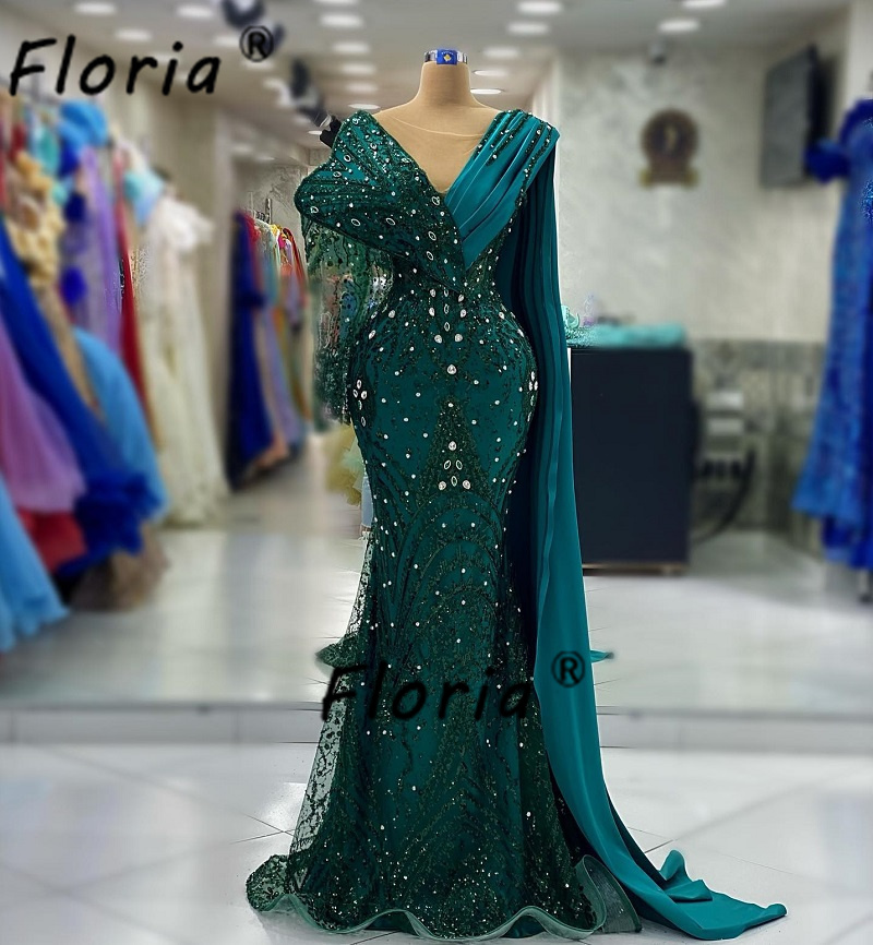 Vestido De sirena verde oscuro largo De Dubái, vestido Formal De boda con capa De hombro, piedras De cristal impresionantes, vestidos De fiesta De noche