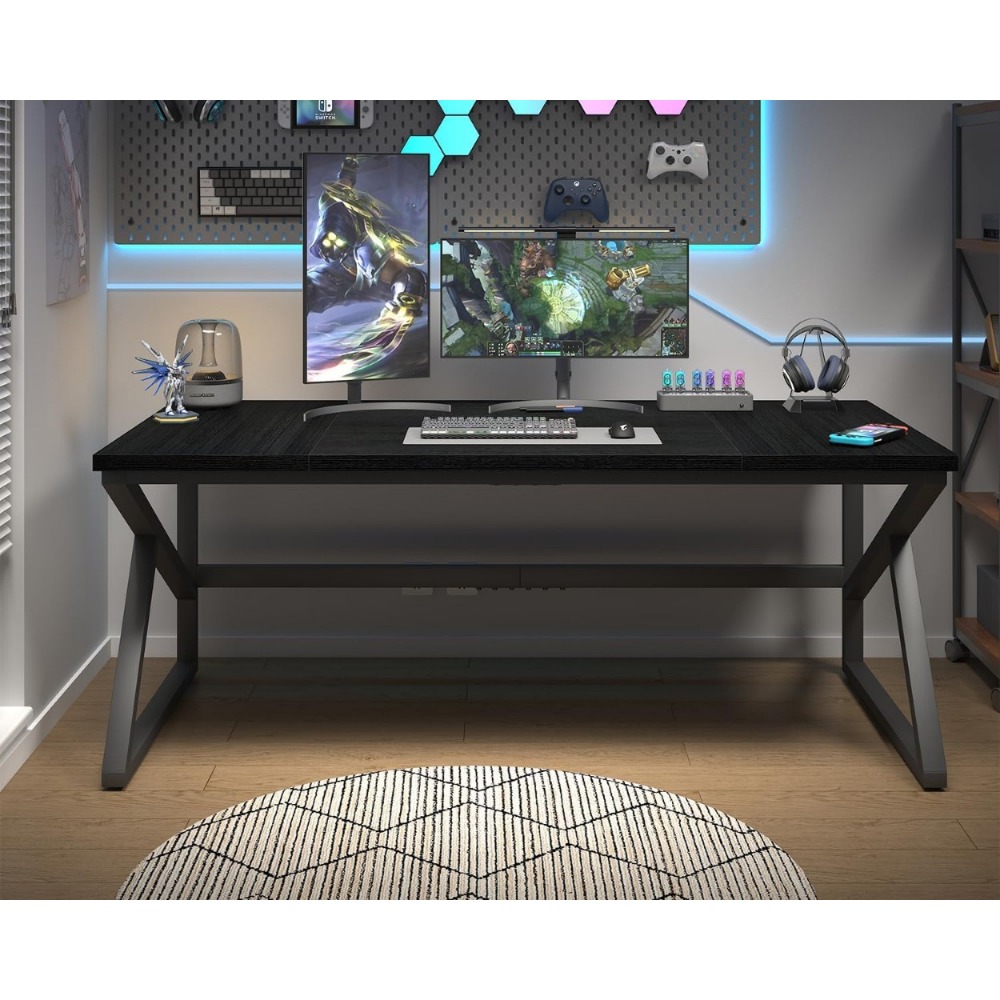 70 Inch Long Black Desk, Large Metal Wood Computer Desk for 2 Monitors, Modern Home Office PC Laptop Desk for 2 People