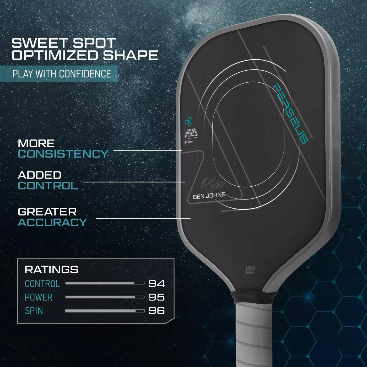BEN JOHNS T700 Carbon Fiber Pickleball Paddle Carbon Friction Surface 16mm Polymer Honeycomb Core Enhanced Power&Spin&Control