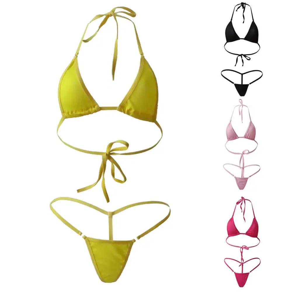 Maillot de bain d'été pour filles 2 pièces dame Sexy couleur unie licou Mini soutien-gorge string Bikini ensemble maillot de bain maillot de bain