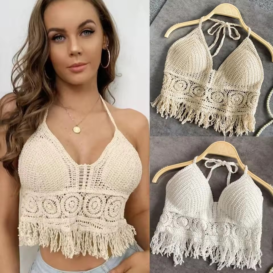 Summer Tank top Women's Boho Fringe Backless Halter Tie Neck Underwear Outerwear with Neck Hanging Embroidery Tassel Suspender