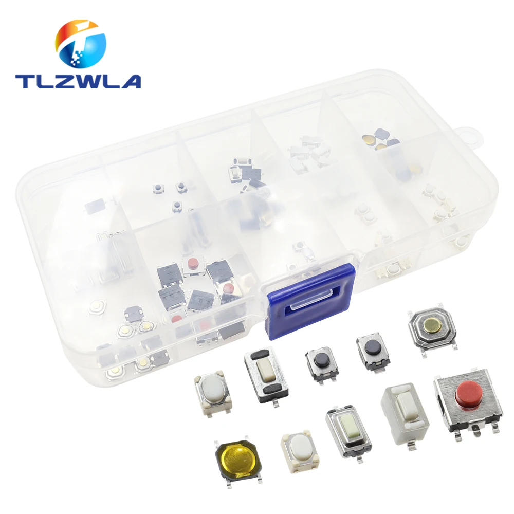 100 Uds 10 modelos interruptor táctil Kit de interruptor de botón táctil: 3*4*2mm 3x6x4,3mm 2 pines 3x6x2,5mm 4*4*1,5mm SMD 4 pies
