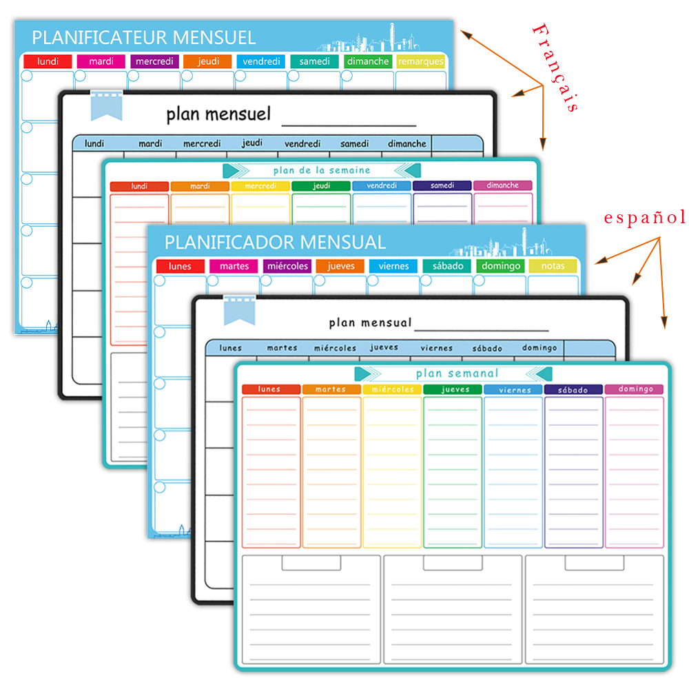 A3 Size Magnetic Weekly &monthly Planner Dry Erase Calendar Fridge Sticker Spanish, French, English. No Pen