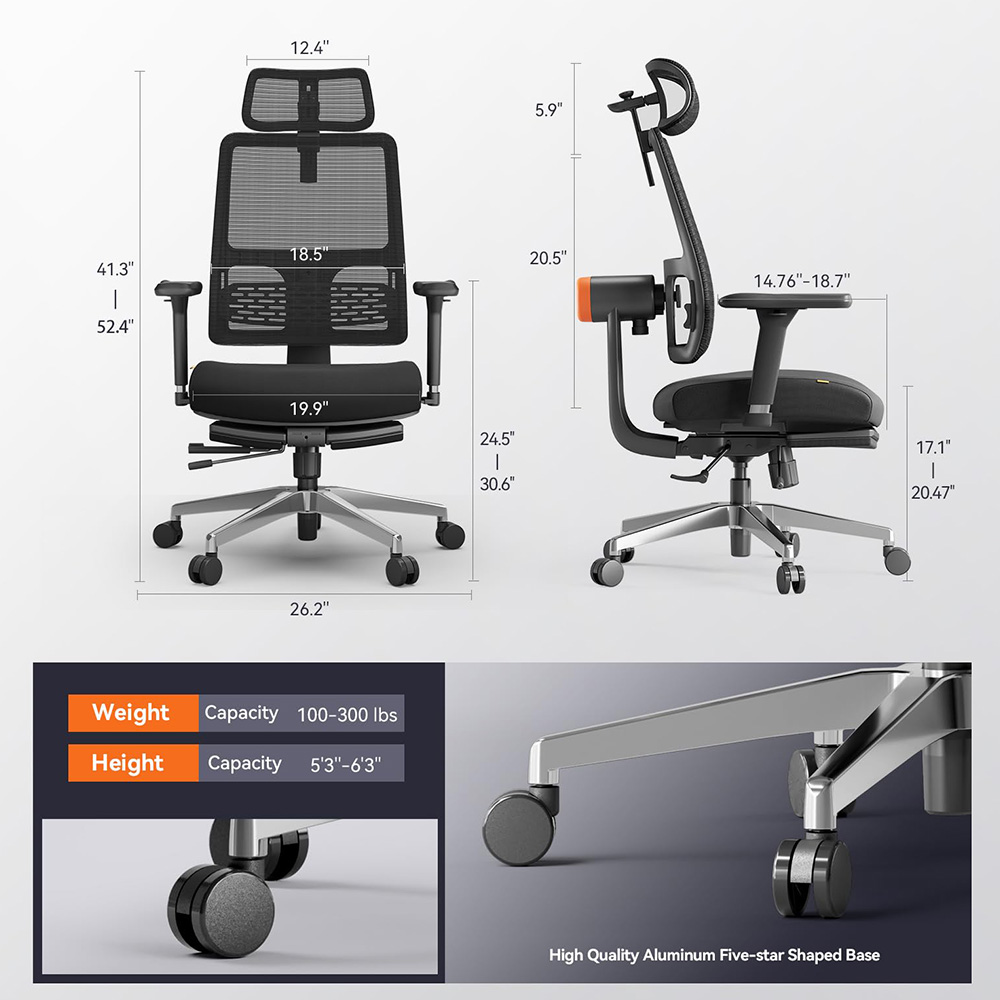 NEWTRAL-Cadeira ergonômica com apoio para os pés, Auto-Reset Encosto, Encosto de cabeça, Adaptive Lower Back Support, Magich-bpro