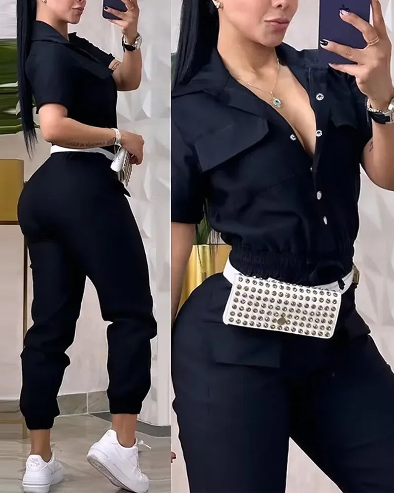 ใหม่แฟชั่นผู้หญิงทํางาน Jumpsuit แขนสั้นออกแบบเปิดลงปกเอวยางยืด Drawstring Cuffed Cargo Jumpsuit