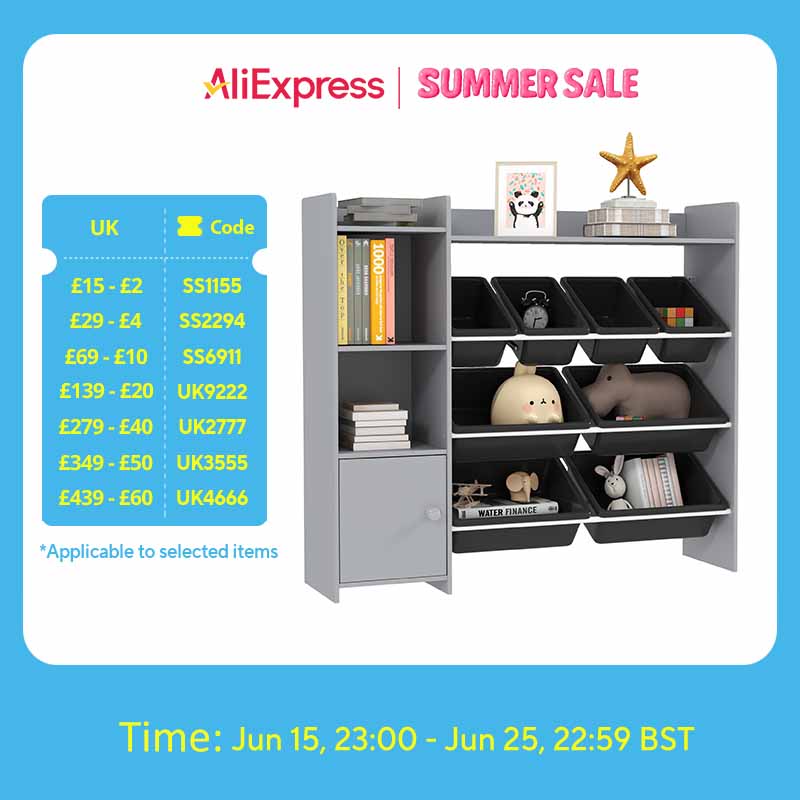 AIYAPLAY Toy Storage Unit, with 8 Removable Bins, Storage Shelves, Cabinet, for Playroom, Kids Room, Nursery, Grey