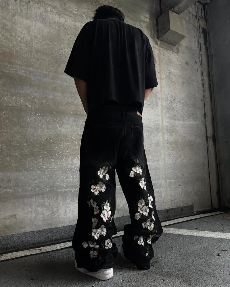 Y2K 헐렁한 청바지 하라주쿠 빈티지 벚꽃 자수 고품질 청바지 streetwear 힙합 고딕 남성 여성 넓은 다리 청바지