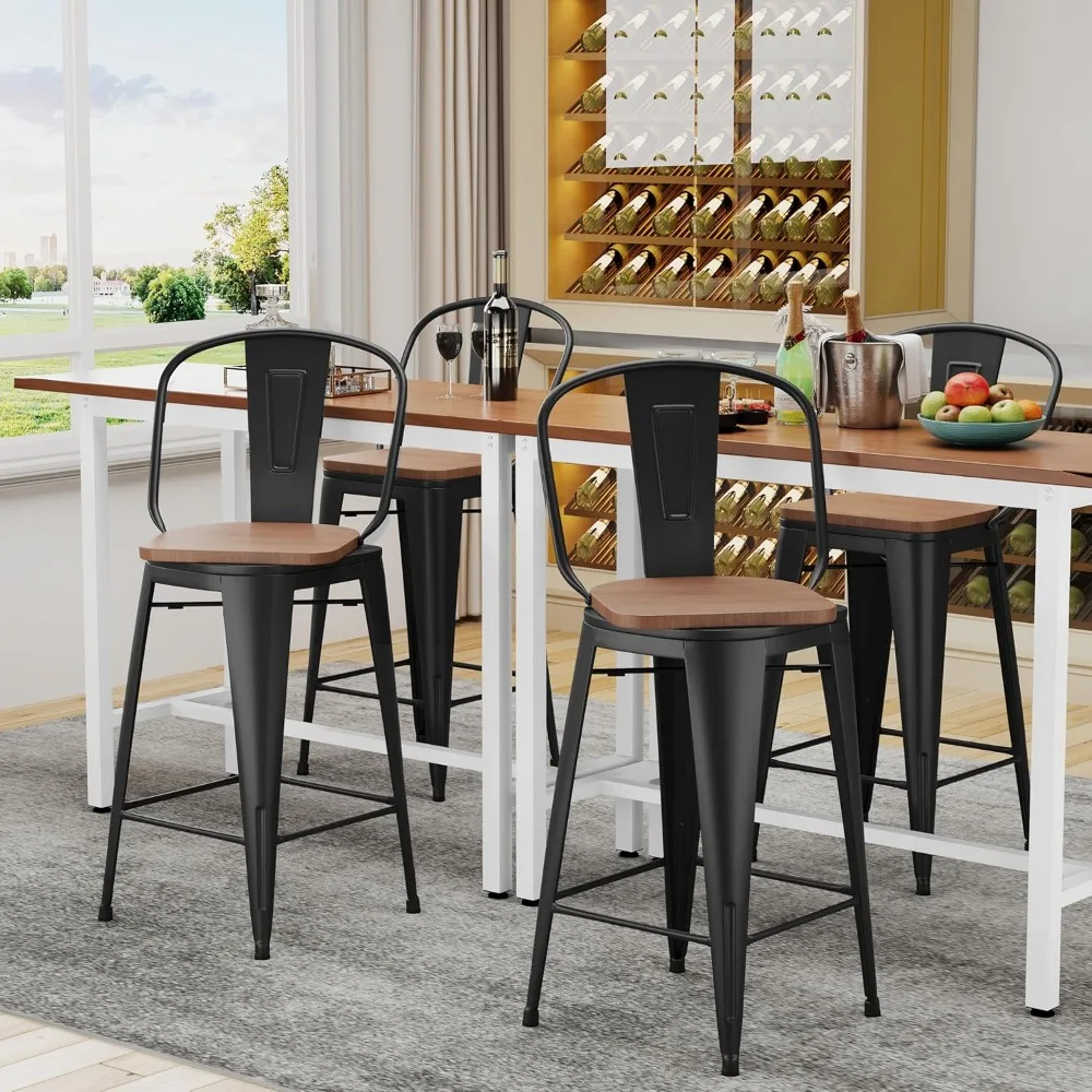 30" Swivel Metal Bar Stools Set of 4 High Back Counter Height Barstools Industrial Dining Bar Chairs with Large Wooden Seat-Mat