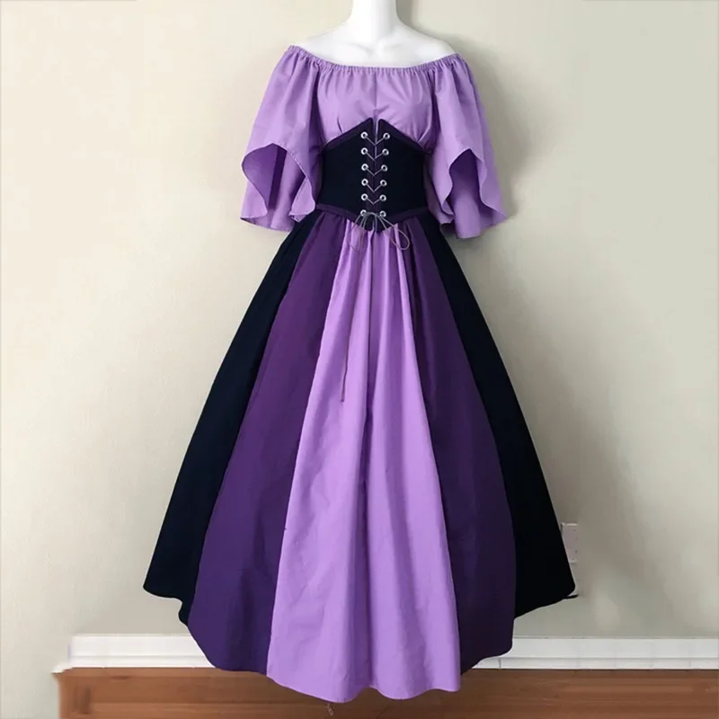 Kostiumy na Halloween dla kobiet średniowieczny Retro kontrastowy kolor wąska sukienka typu swing jedno słowo sukienka na ramię miłość na żywo Cosplay