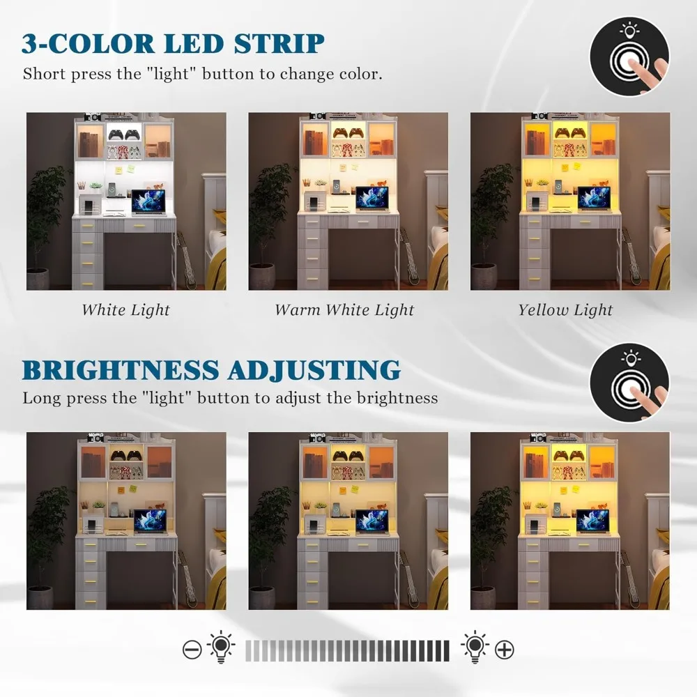 School Desks.LED Study Desk with Hutch and Drawer, Home Office Desk with Outlet, Computer Desk with Charging Station,