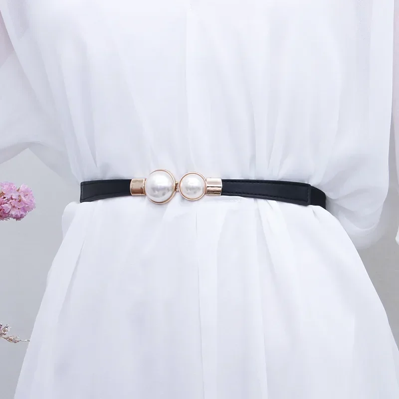 Cinturones elegantes Vintage con cadena de perlas para mujer, suéter de estilo coreano, ganchos para chaqueta, cinturón de cuero elástico ajustado