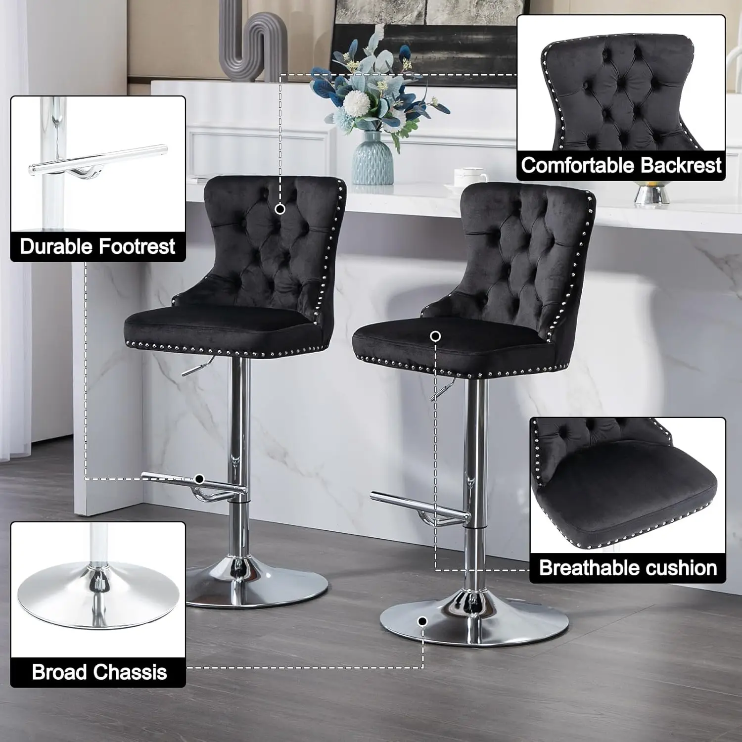 2 PCS Modern Swivel Bar Stools Velvet Adjustable Bar Chairs with Backs and Footrest Adjustable Barstools for Kitchen Club