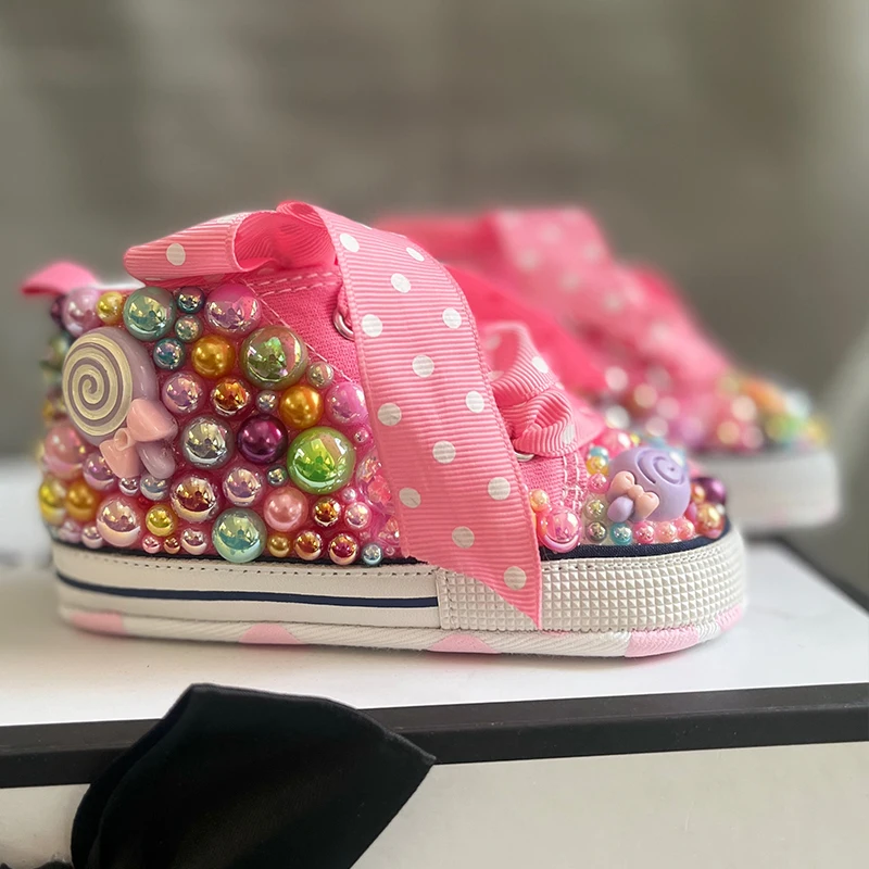 สุ่ม Lollipop Candy First เดินผ้าใบเด็กทารกรองเท้ารองเท้าผ้าใบสําหรับสาววันเกิด Party Handmade Bling รองเท้า