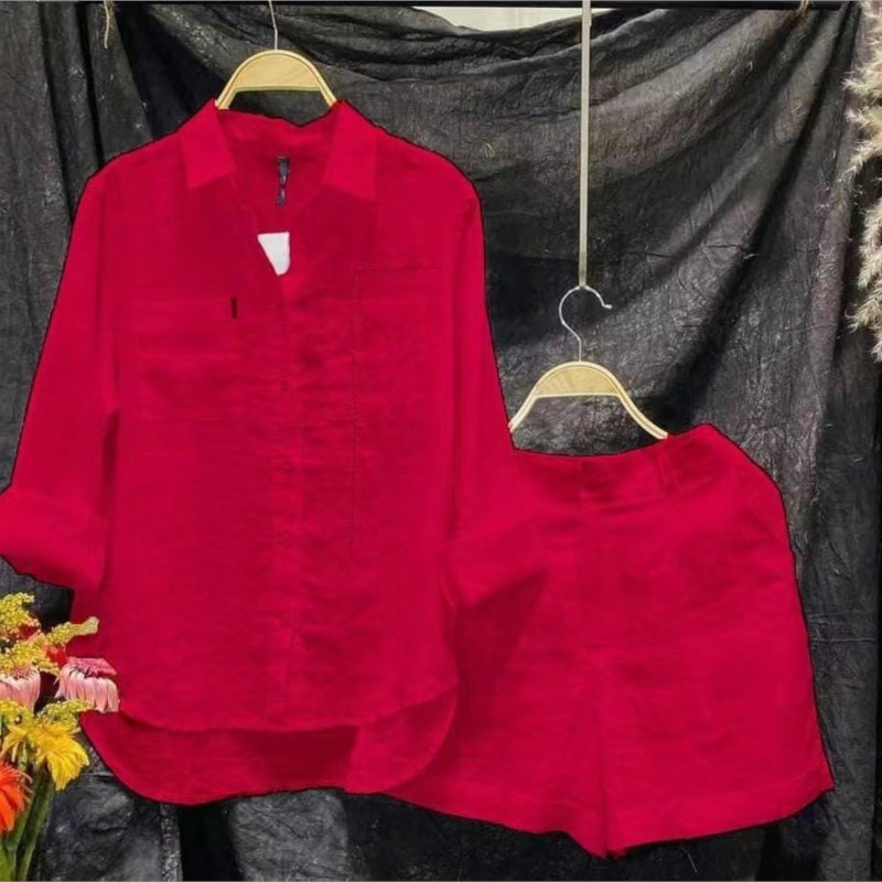 Conjunto informal de 2 piezas de lino y algodón para mujer, camisa blanca de manga larga y pantalones cortos, chándal de dos piezas, moda de verano 2024