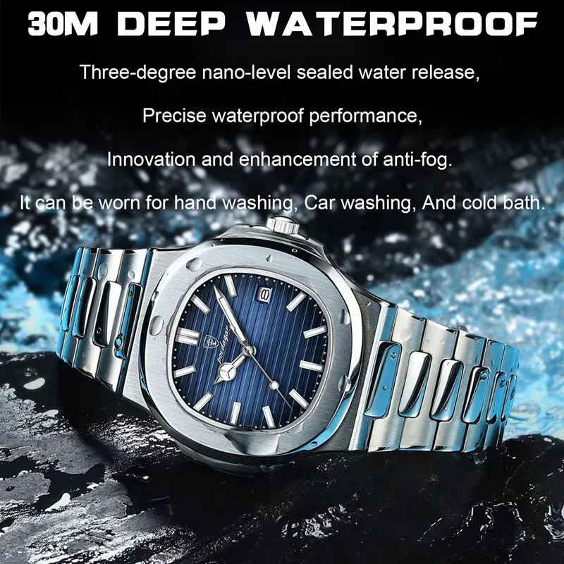 Reloj POEDAGAR clásico azul, reloj de negocios resistente al agua para hombre, reloj luminoso con fecha de acero inoxidable, reloj cuadrado de cuarzo para hombre, reloj para hombre