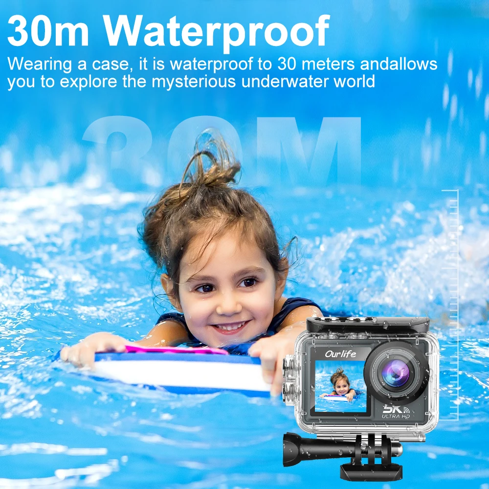 Ourlife MTR40 5K Action Kamera 2" IPS Touchscreen 5X Zoom Action Cam 170 °   30 m wasserdichte WiFi-Sportkamera mit Fernbedienung